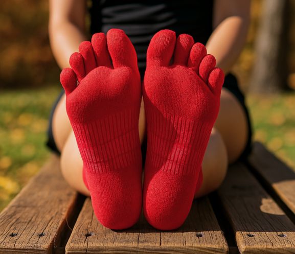 Feet in red toe socks resting on a wooden bench