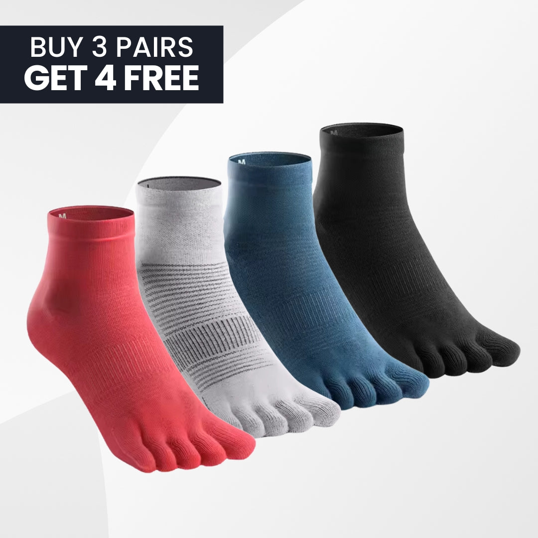 Kintoe performance toe socks in red, grey, blue and black. Buy 3 pairs, get 4 free.