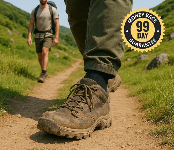 Hiker in boots and toe socks on a grassy trail, with a 99 day money-back guarantee badge