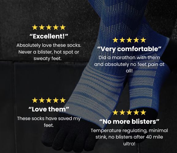 Two feet wearing toe socks with positive customer reviews and star ratings.