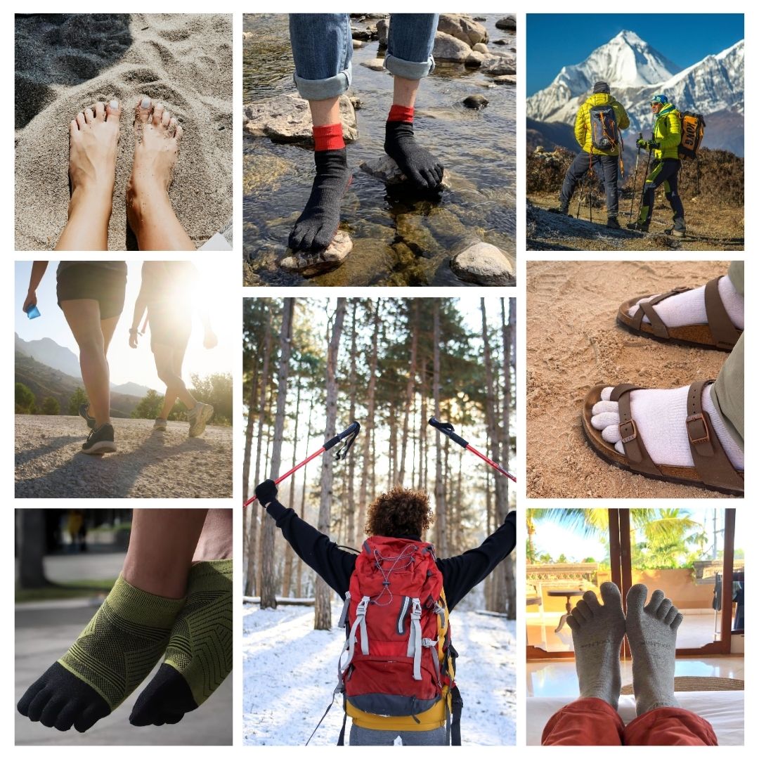 Collage of outdoor activities featuring feet in various footwear and socks.